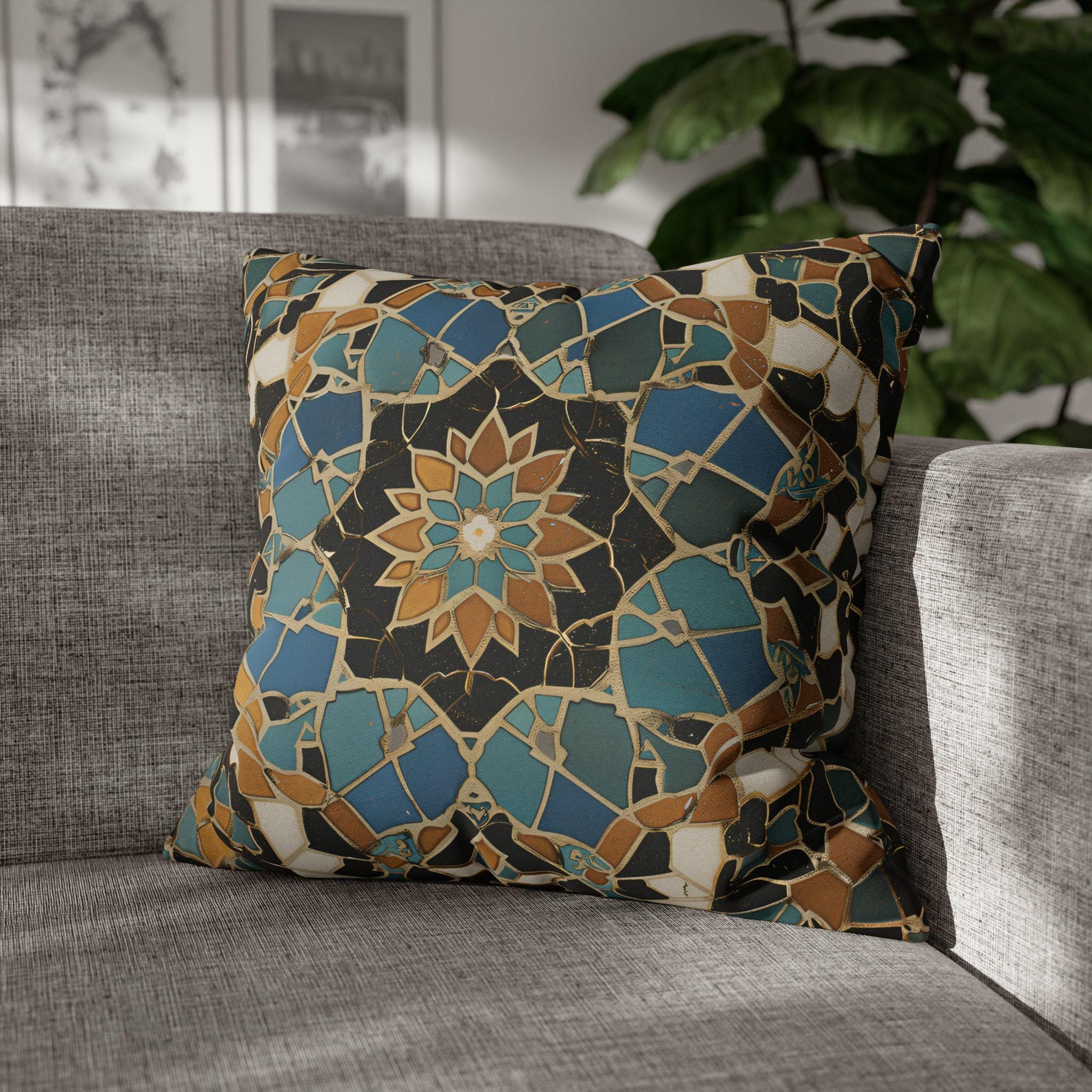 Luxurious Moroccan Tilework Inspired Pillow Cover: Teal, Beige, Brown Geometric Cushion Case