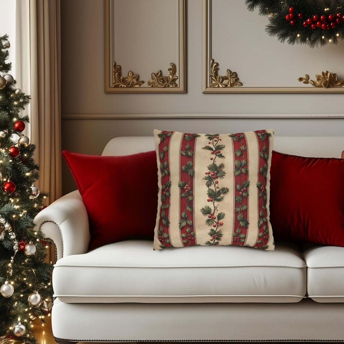 Striped Holly Christmas Pillow Cover: Red, Green, Cream Holiday Botanical Winter Decor