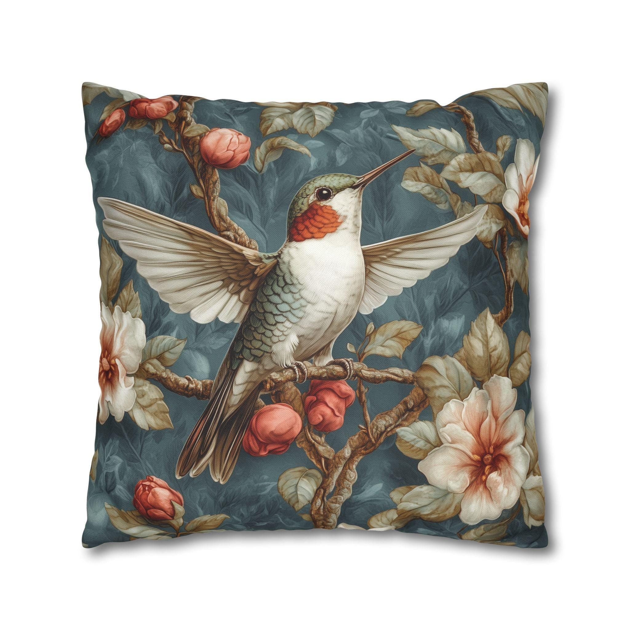 Vintage Style Hummingbird Floral Pillowcase: William Morris Inspired Decorative Cushion Cover for Nature Lovers