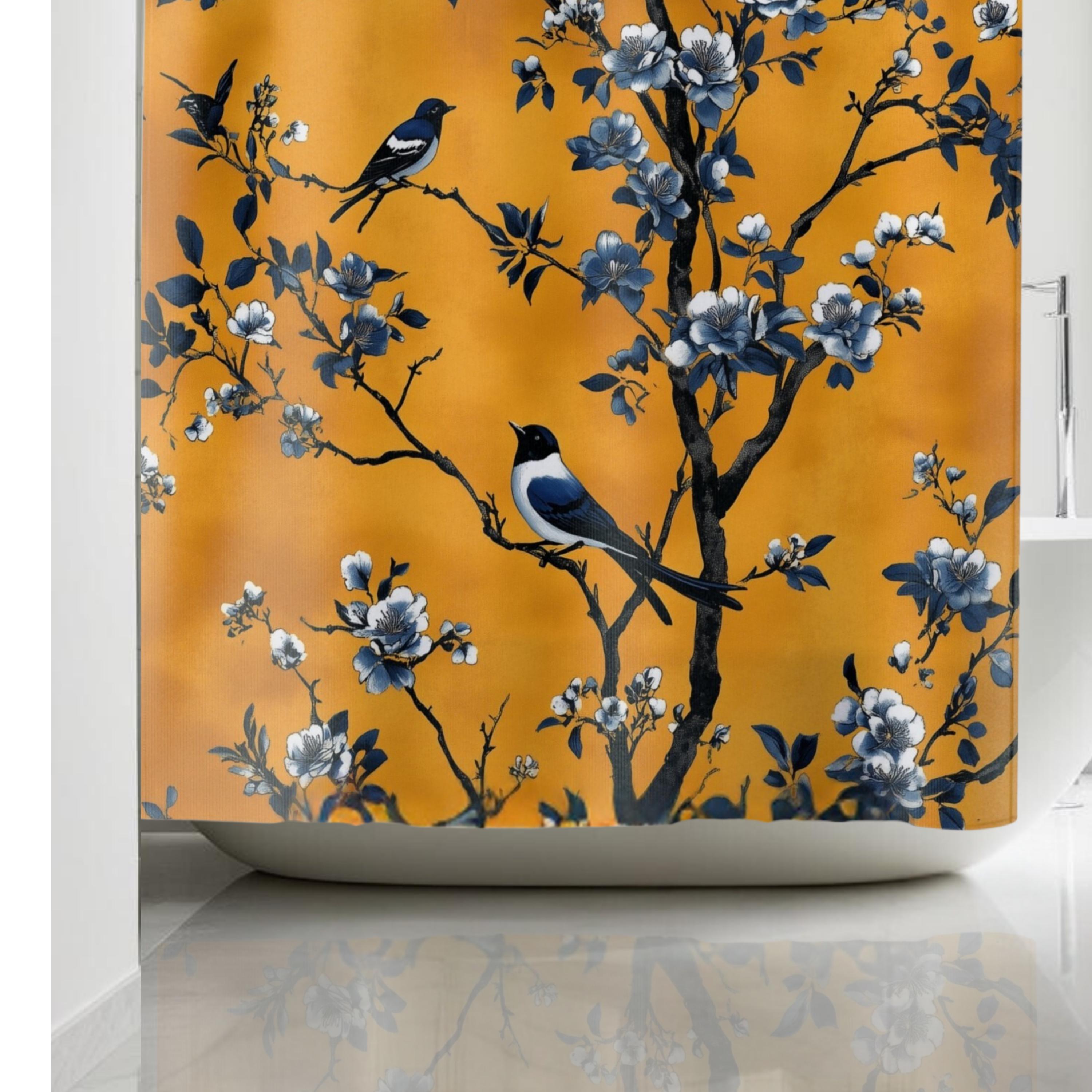 Elegant Chinoiserie Shower Curtain: Blue Birds on Golden Floral Branches, Nature-Inspired Bathroom Decor