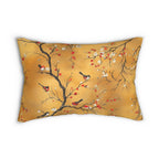 Chinoiserie Lumbar Pillow: Red Blossoms & Birds on Gold
