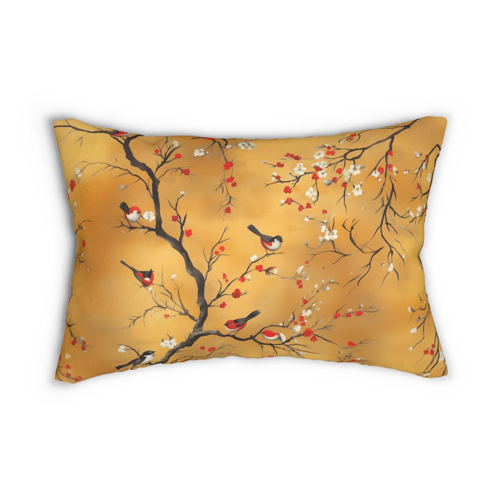 Chinoiserie Lumbar Pillow: Red Blossoms & Birds on Gold