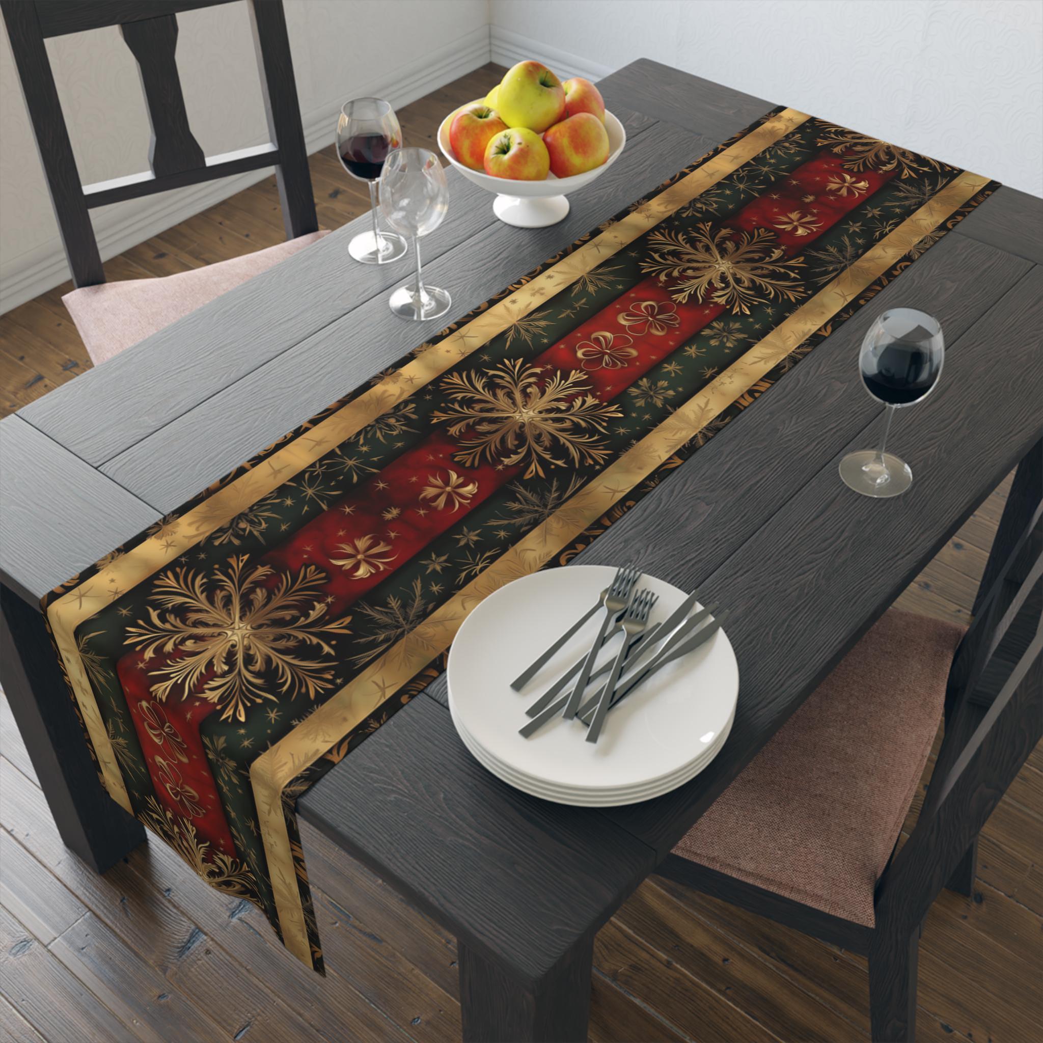 Vintage-Inspired Christmas Table Runner: Red, Gold & Green Snowflake Design for Elegant Holiday Decor