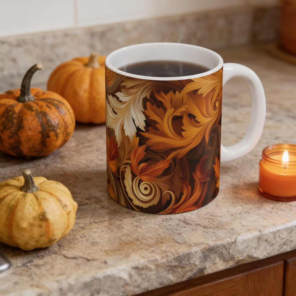 Autumn Leaves Swirling Ceramic Mug, Fall Decor Coffee Cup