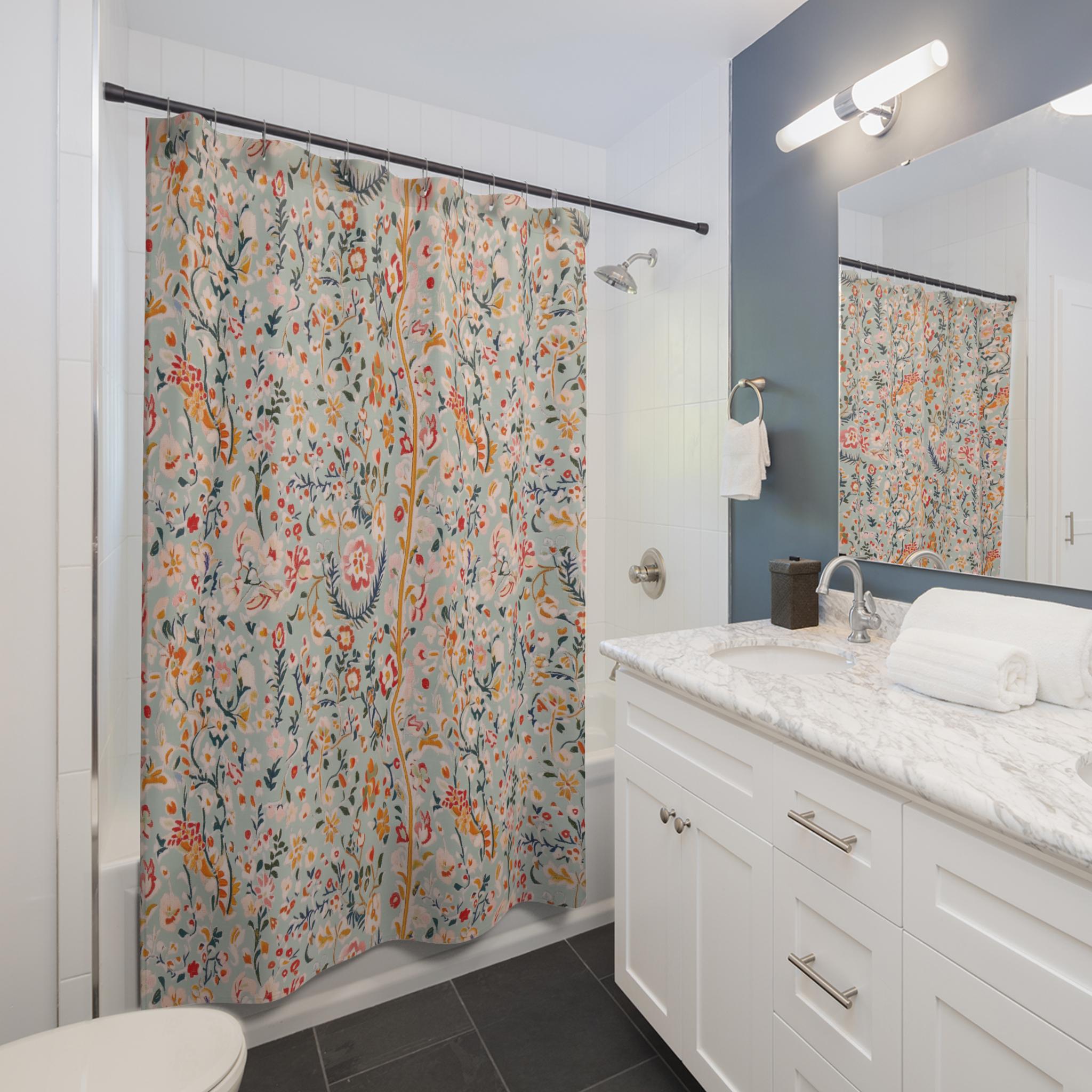 Soft Blue Floral Shower Curtain: Botanical Charm for Cottagecore Bathroom Decor