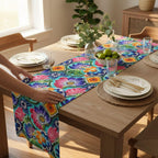 Mexican Table Runner: Botanical Folk Art on Aqua Background