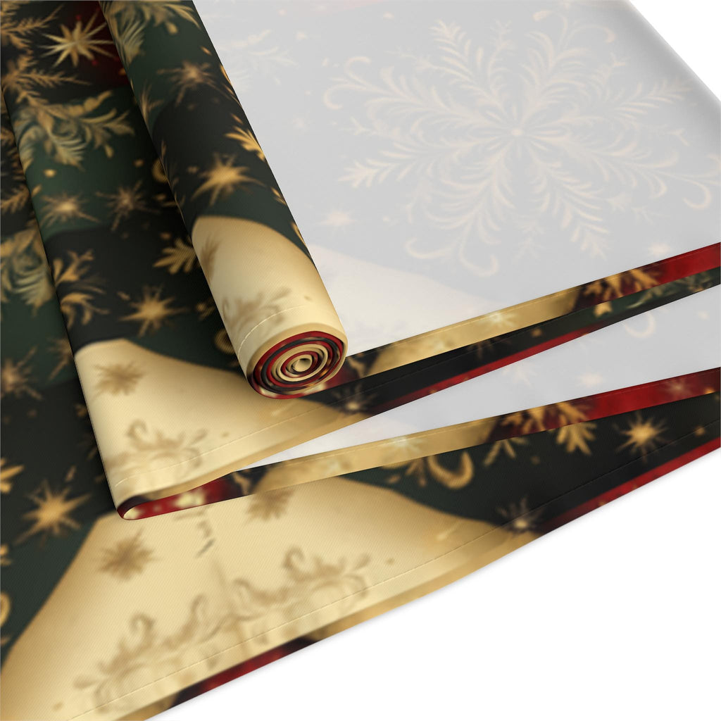 Festive Gold Snowflake Table Runner: Elegant Christmas Dining Decor in Green, Charcoal & Red