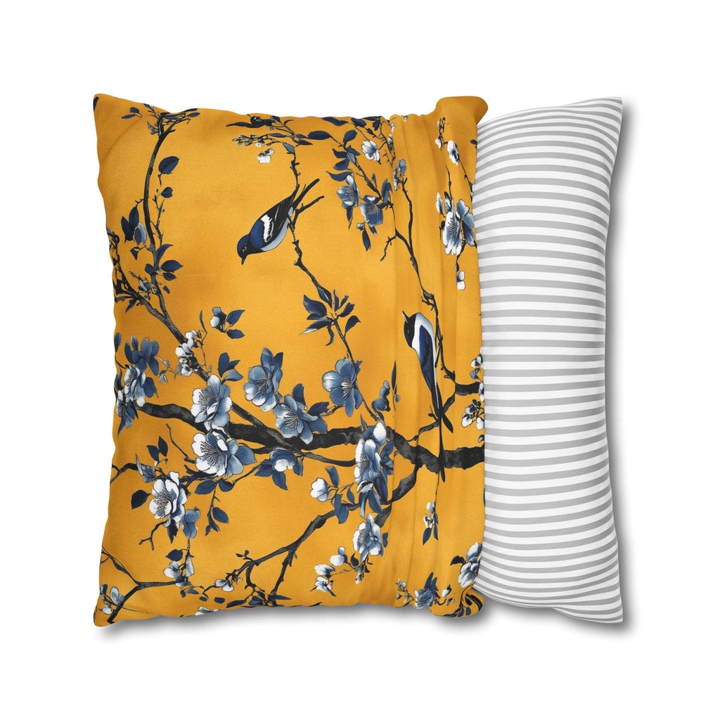 Elegant Chinoiserie Bird Pillow Cover: Golden Yellow & Blue Floral Cushion Case for Eclectic Decor
