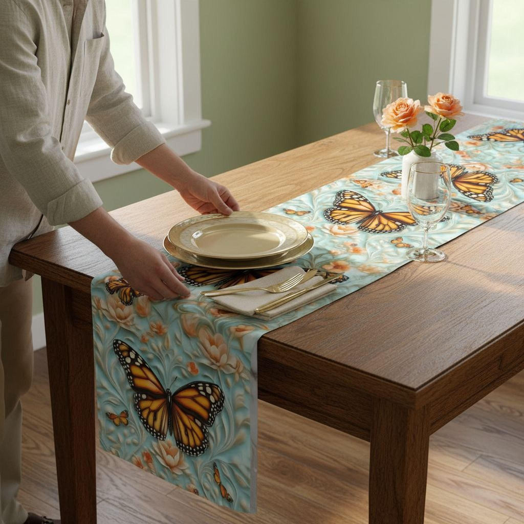 William Morris Table Runner: Vintage Style Monarch Butterfly Botanical