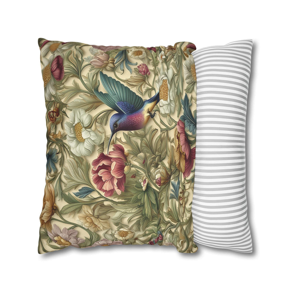 William Morris Inspired Botanical Pillow Cover: Vintage Style Hummingbird & Blooms