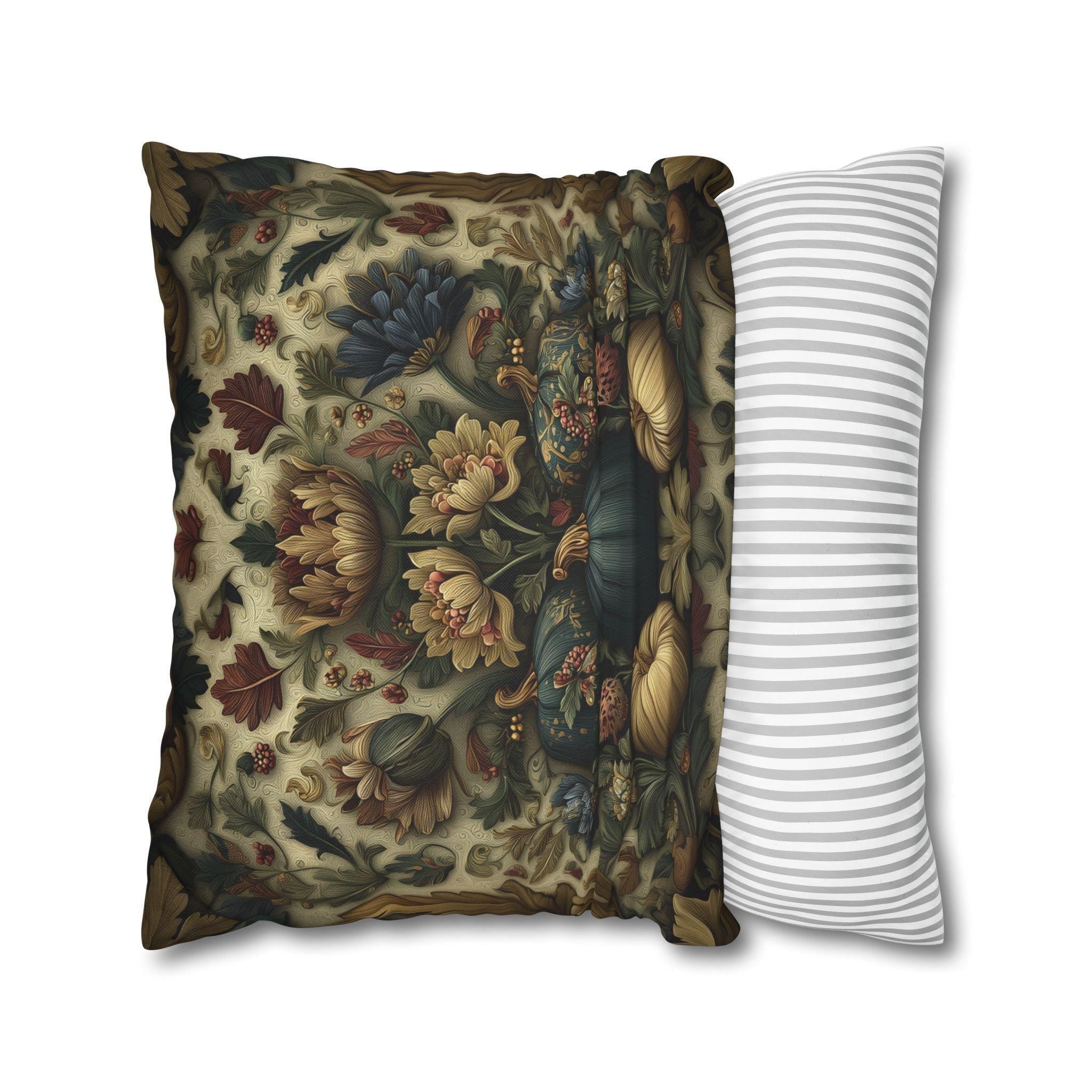 William Morris Inspired Autumn Pillow Cover: Blue Gold & Ivory Botanical Harvest Design
