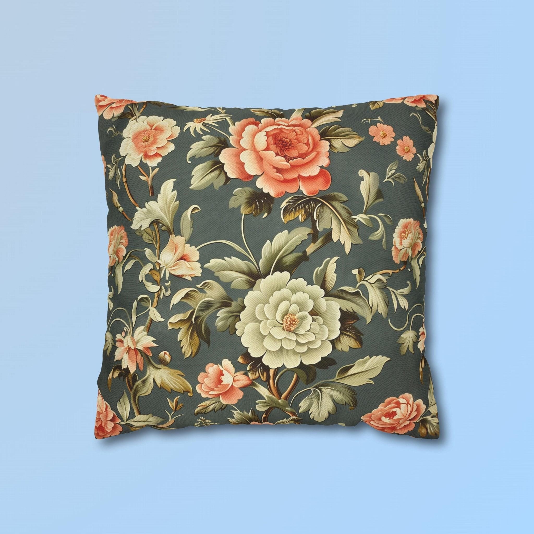 Vintage Style Floral Pillow Cover: Dark Green, Coral & Peach Peonies