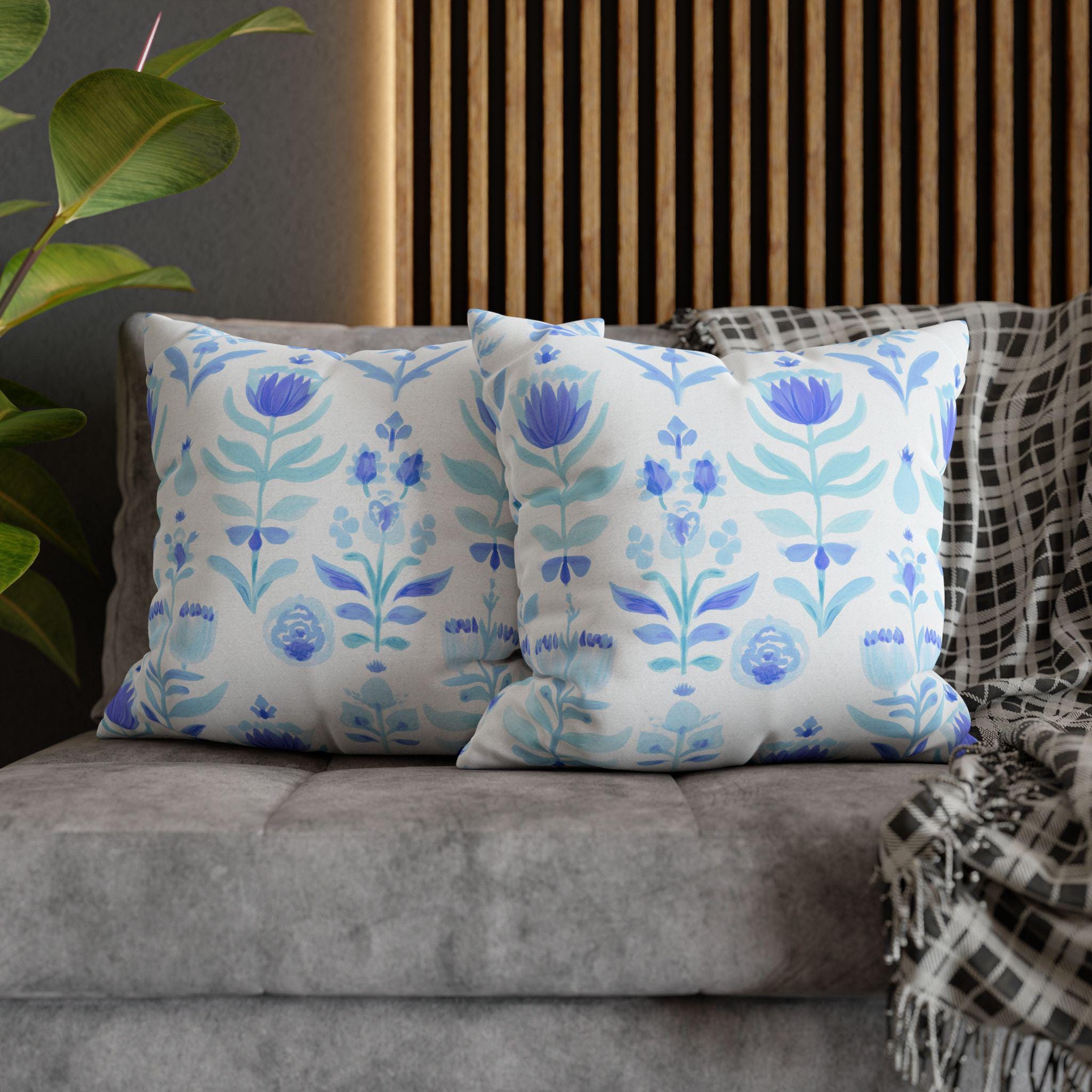 Blue Watercolor Floral Pillow Cover: Folk Art Stamped Cushion Case for Cottagecore Spring Decor