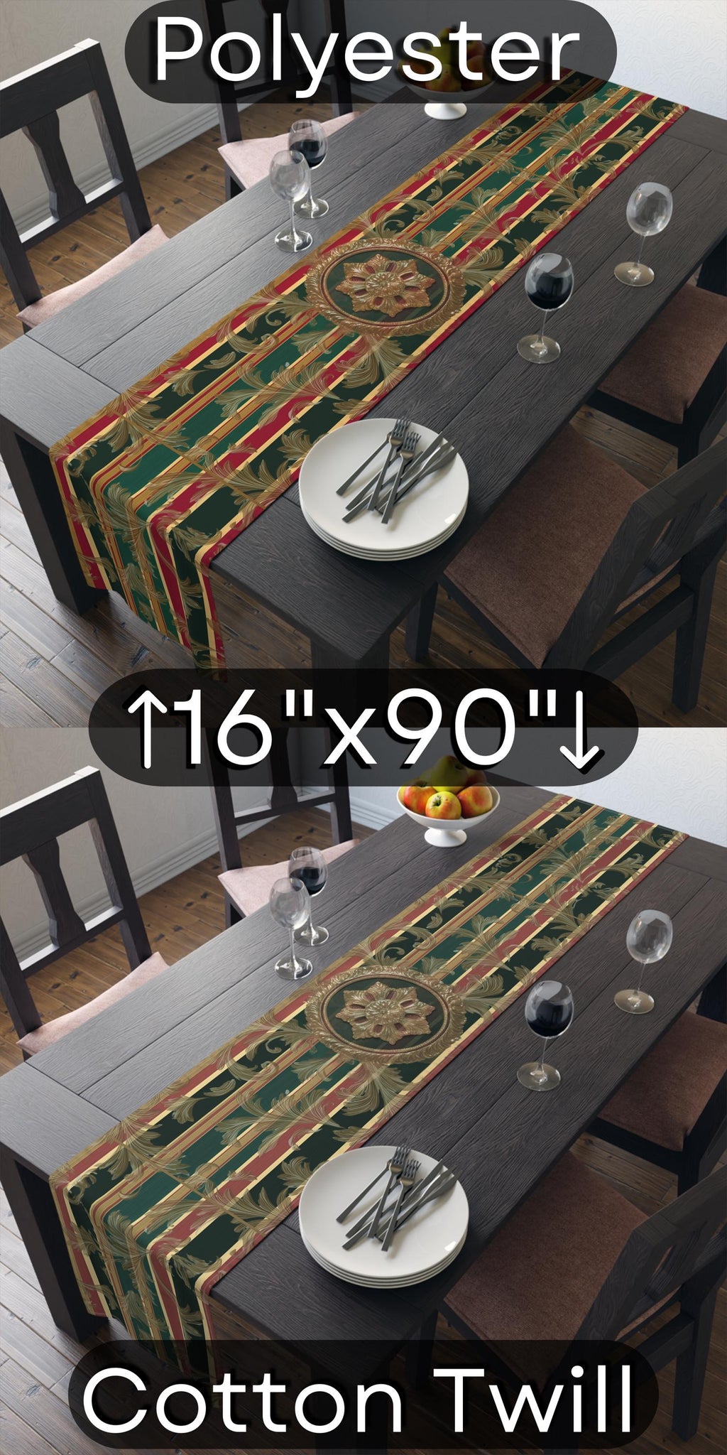 Gold Damask Christmas Table Runner: Emerald Tartan Bands & Medallion Accent