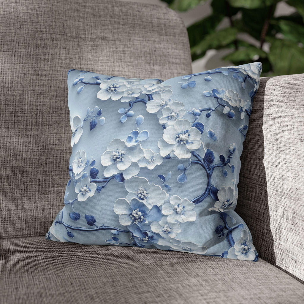 Elegant Blue & White Chinoiserie Cherry Blossom Pillow Cover | Asian-Inspired Floral Home Decor