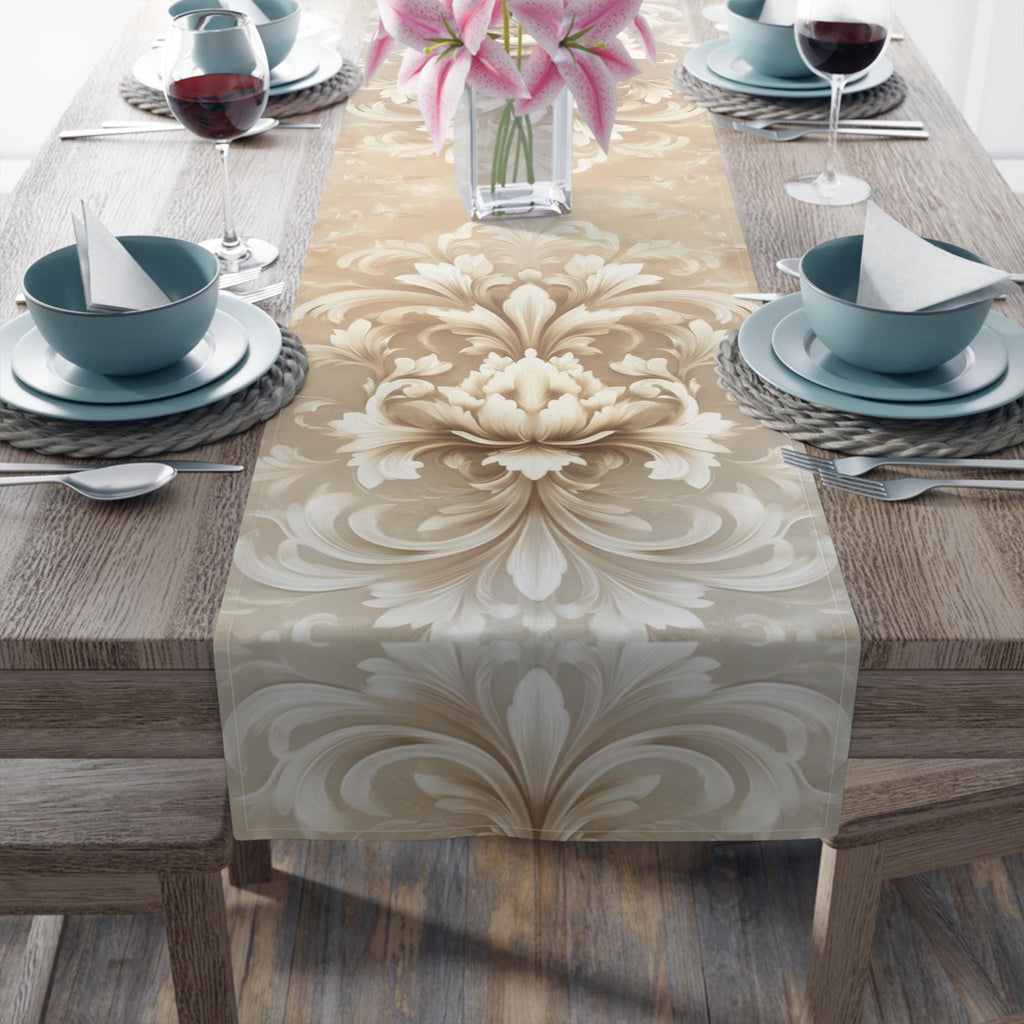Elegant Damask Floral Table Runner: Ivory-Beige-Caramel Gradient, Luxury Home Decor Accent