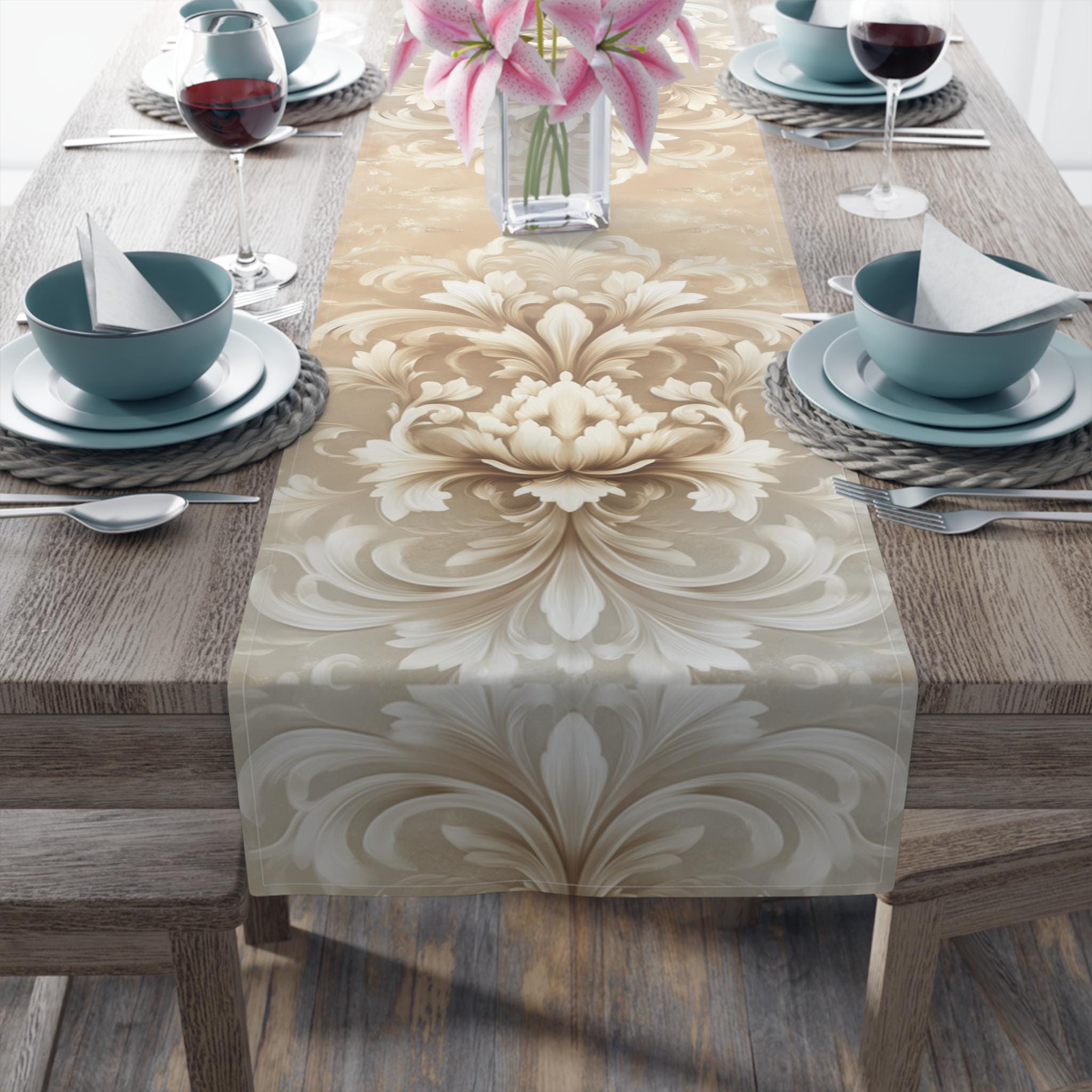 Elegant Damask Floral Table Runner: Ivory-Beige-Caramel Gradient, Luxury Home Decor Accent