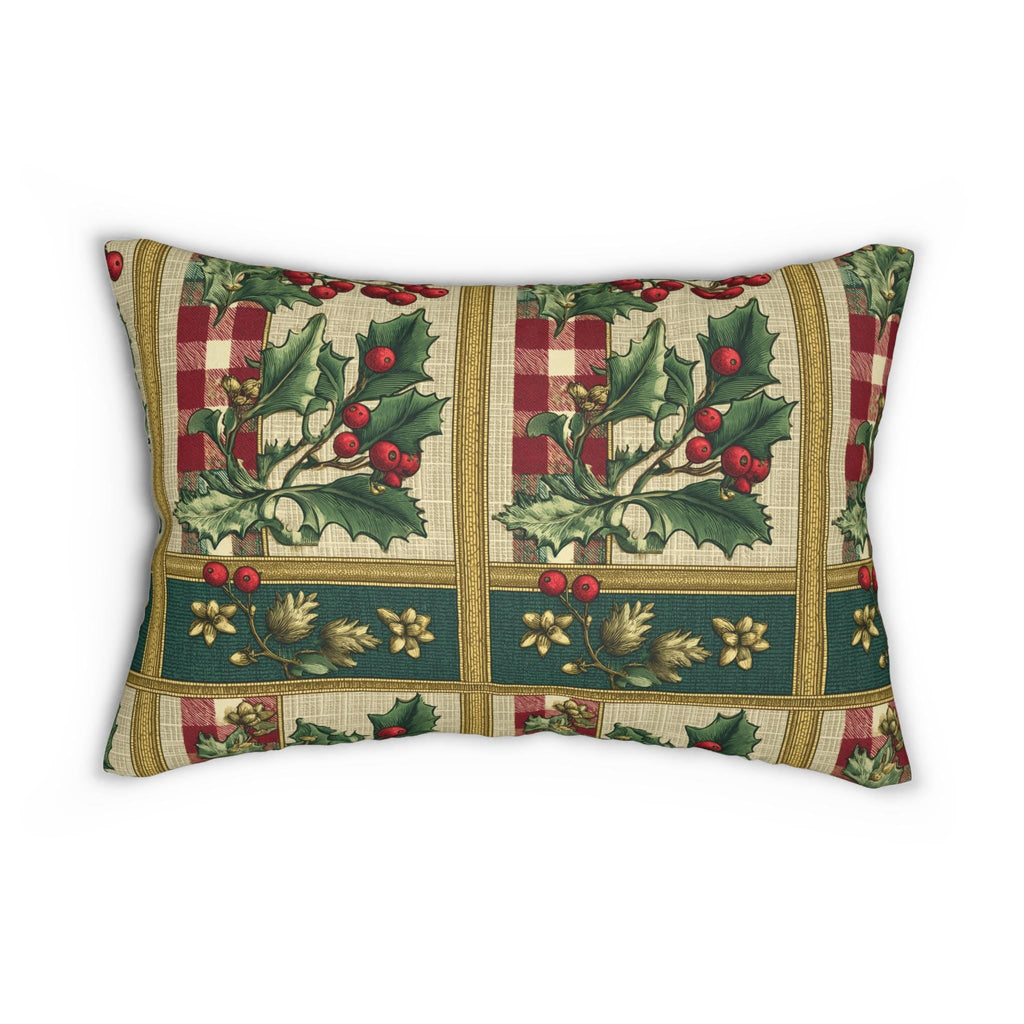 Gingham & Holly Christmas Lumbar Pillow:  Classic Vintage Holiday Style with Stripes