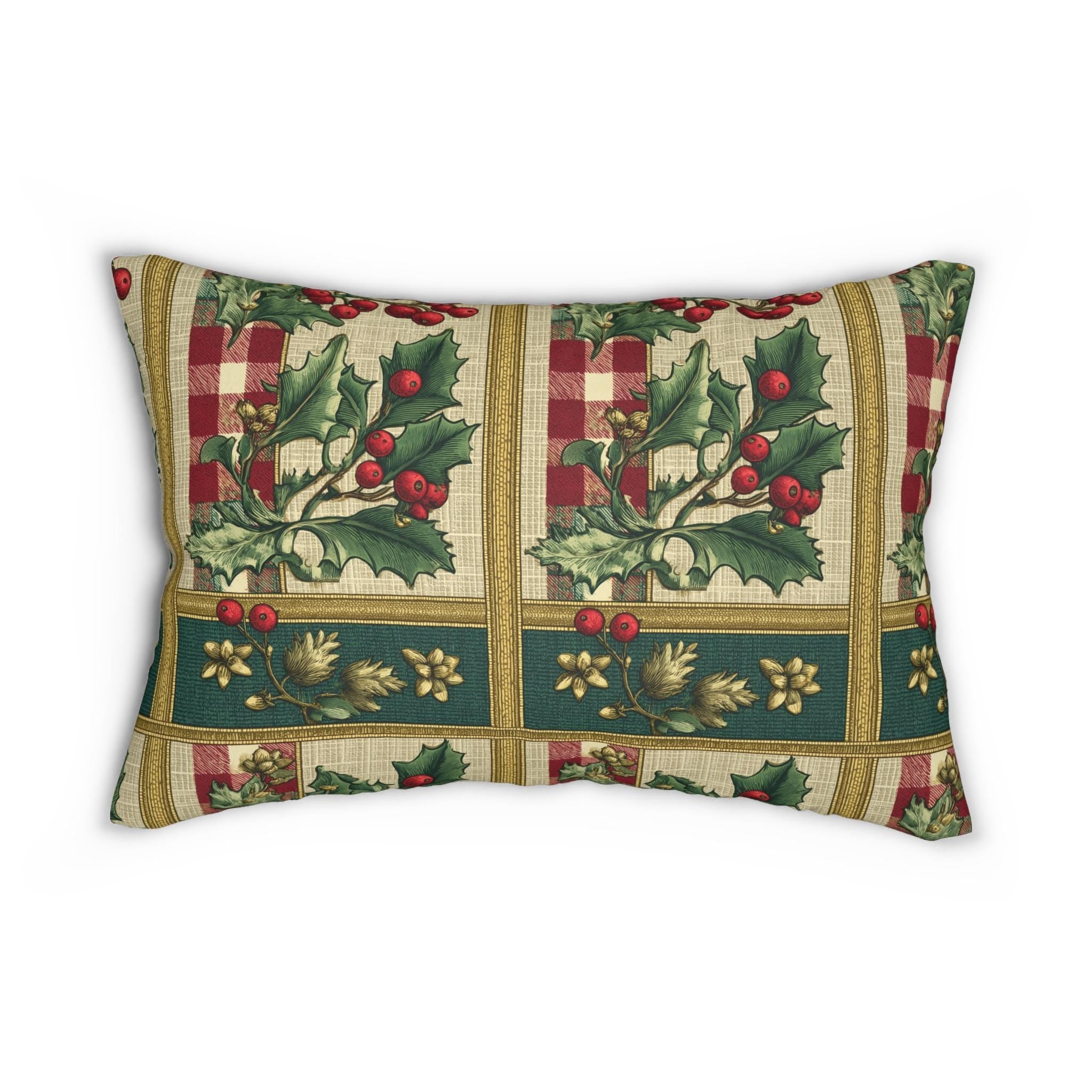Gingham & Holly Christmas Lumbar Pillow:  Classic Vintage Holiday Style with Stripes
