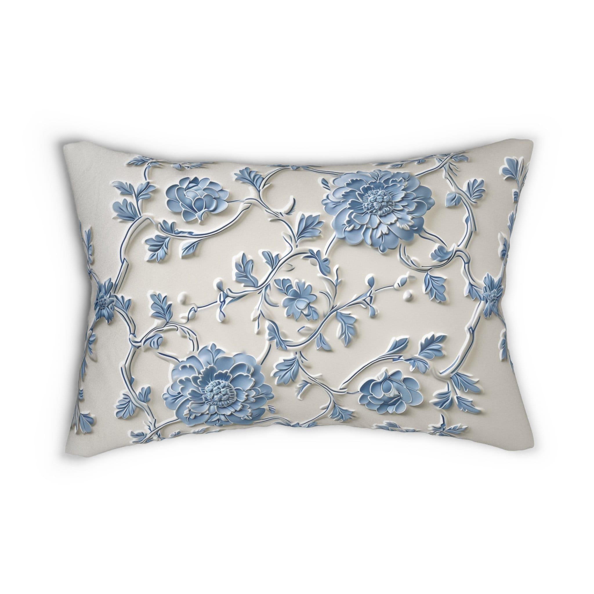 Lumbar Pillow: Elegant Blue Floral Pattern (20x14, Off-White)