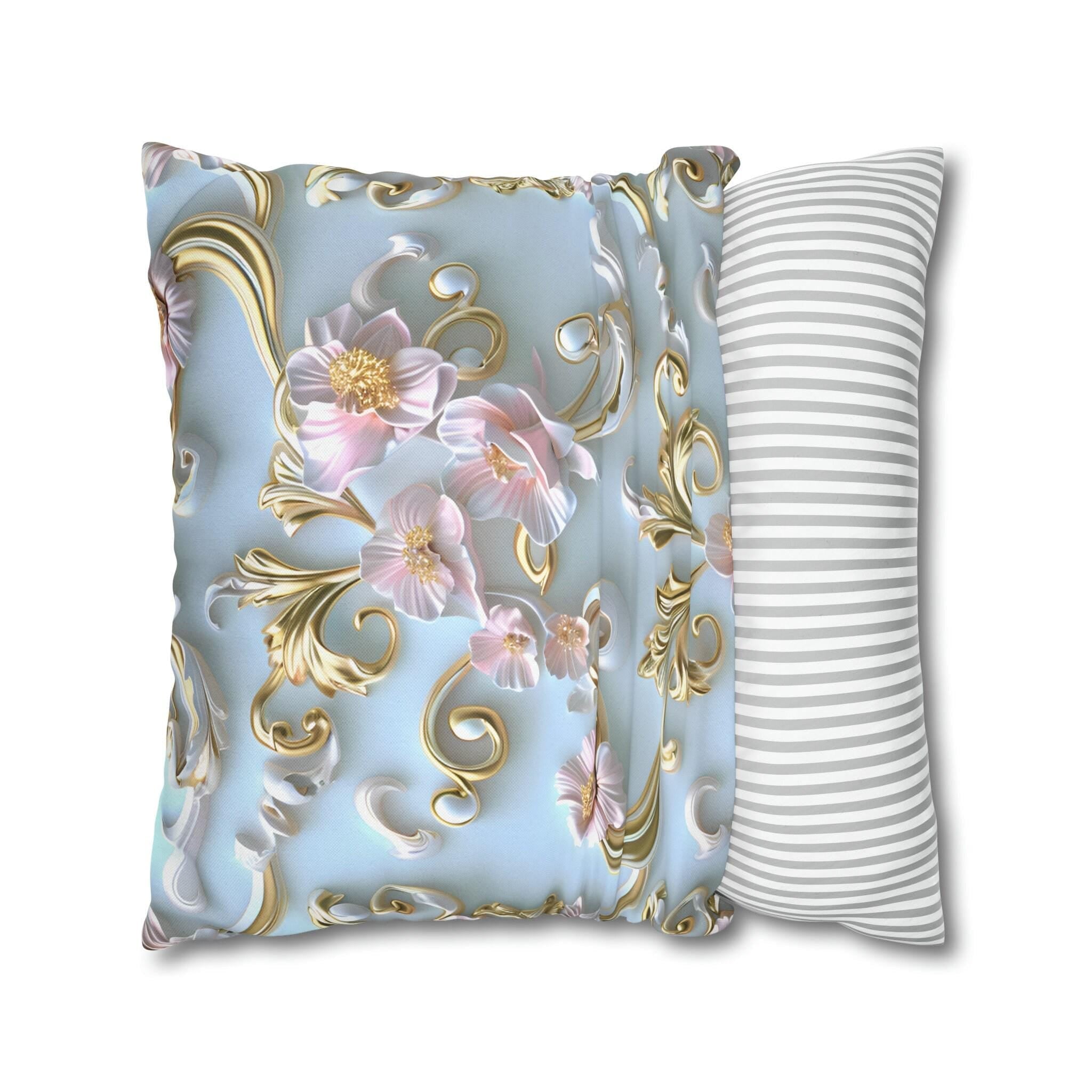 Rococo Coquette Pillow Cover: Pink Flowers, Gold Accents