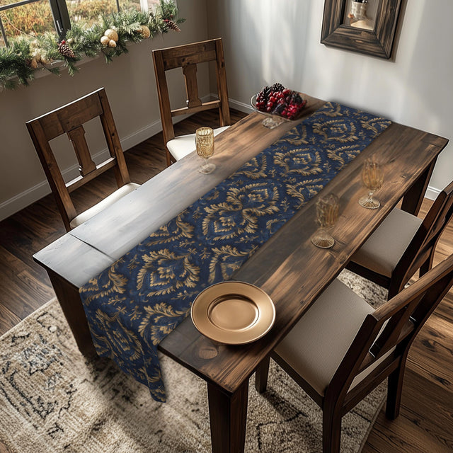 Royal Blue & Gold Damask Table Runner: Faux Brocade Holiday Accent