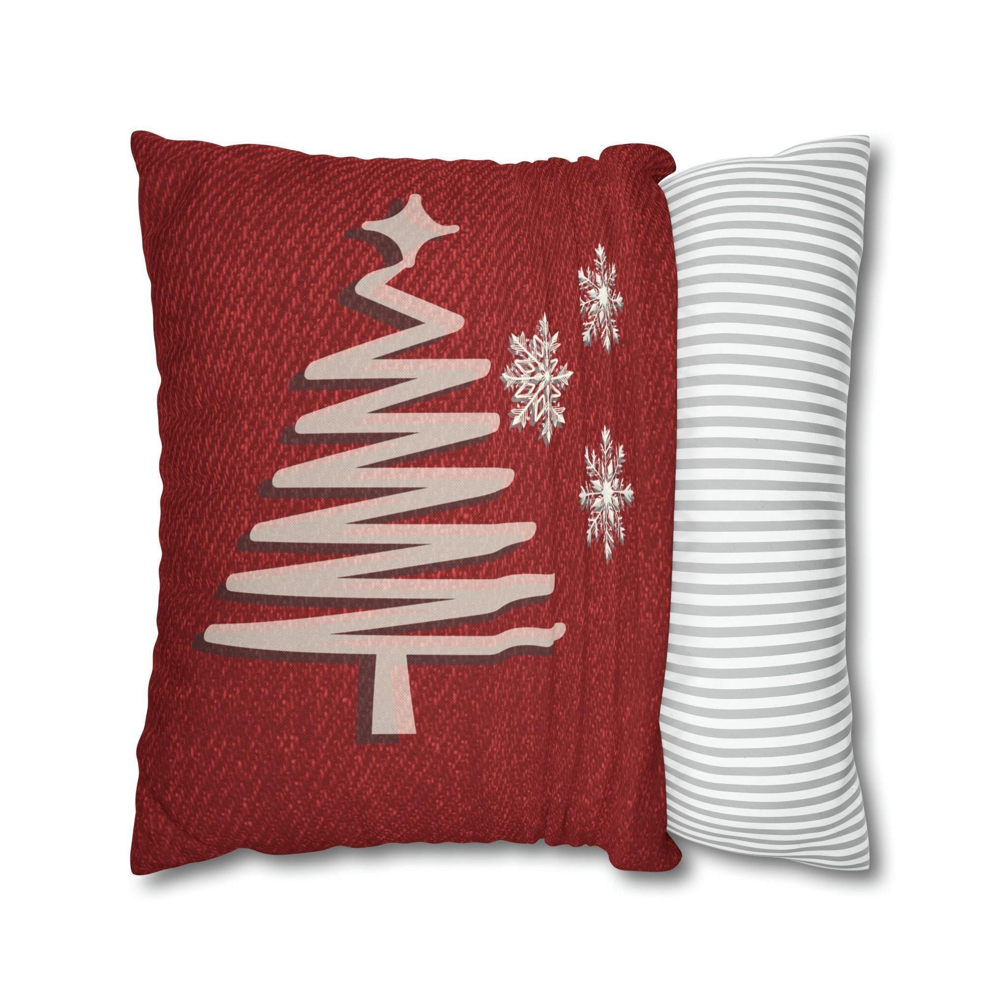 Rustic Elegance Pillow Cover: Beige Christmas Tree & Snowflakes on Red Textured Look Background