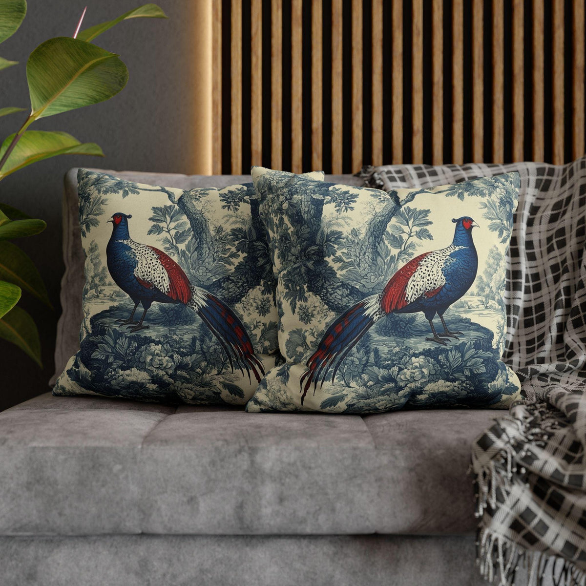 French Country Blue Pheasant Pillow Cover: Vintage Toile Bird and Botanical Design