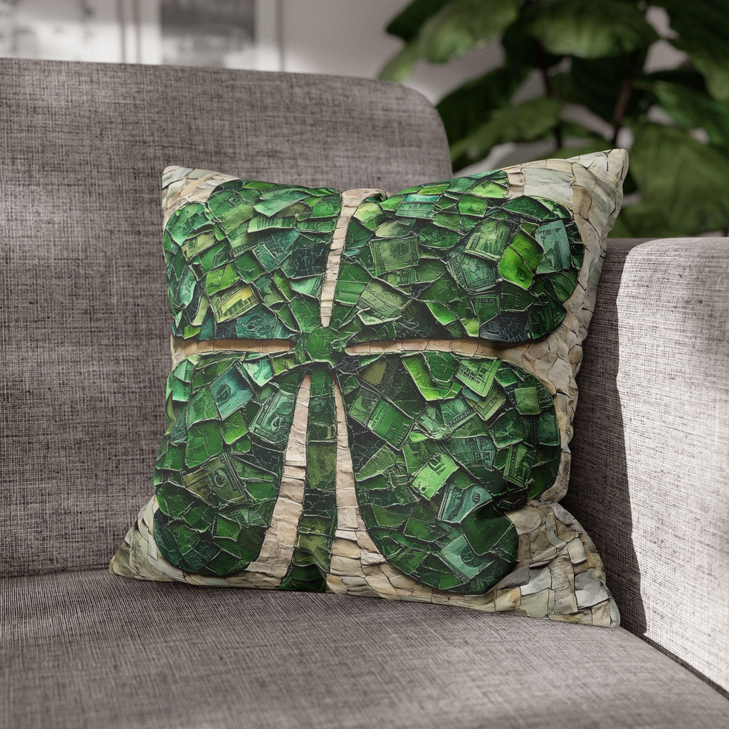St. Patrick's Day Lucky Clover Pillowcase: Green Money Mosaic Design, Handcrafted Square Decor