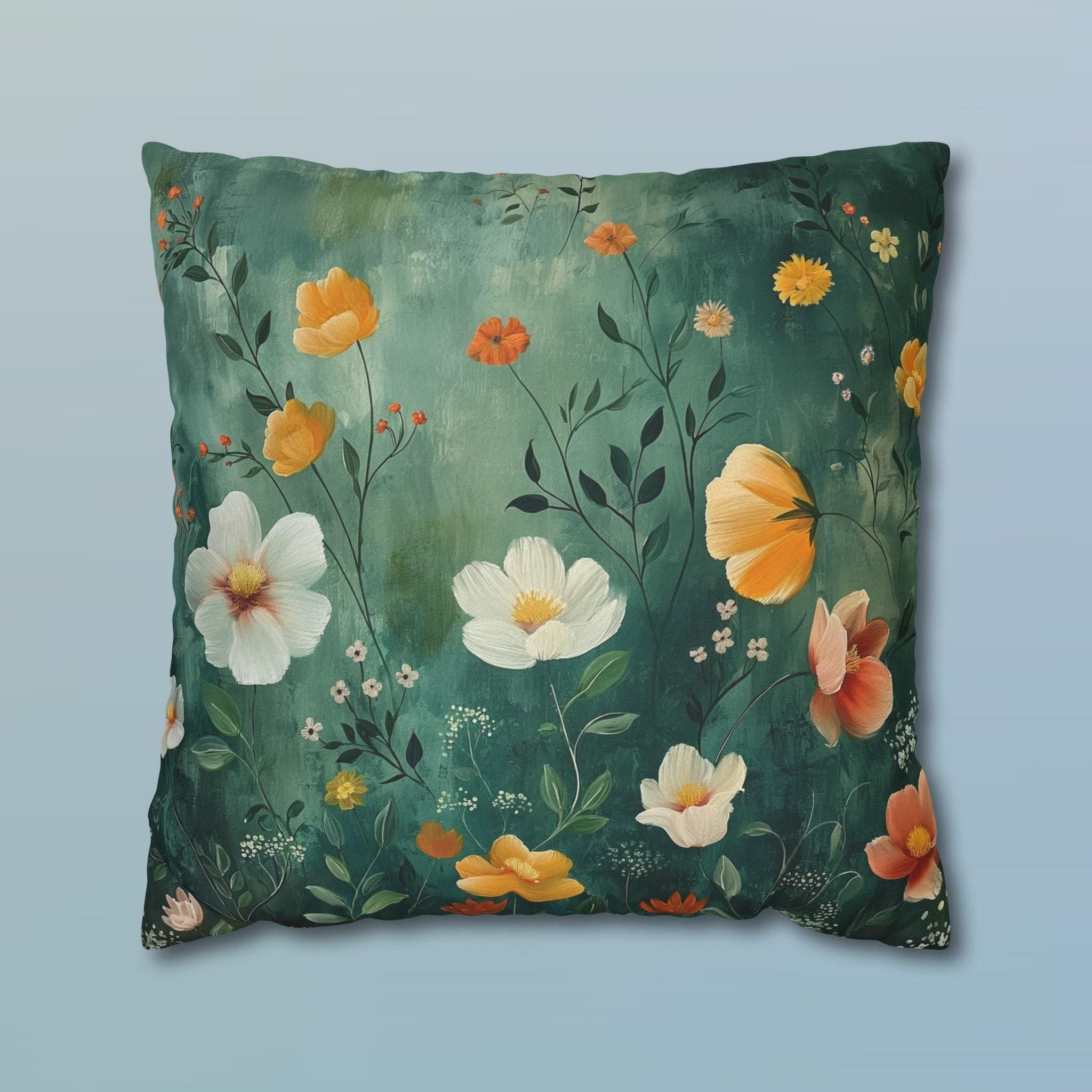 Botanical Pillow Cover: Emerald Green Garden Cottagecore Cushion