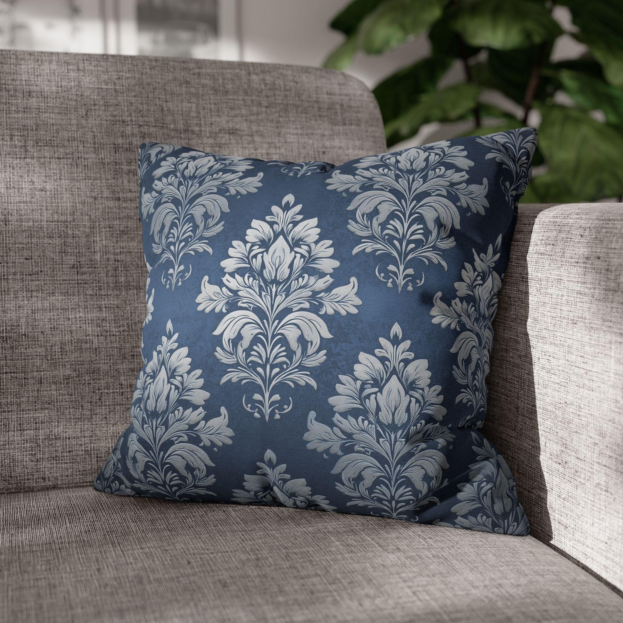 Steel Blue Damask Pillow Cover: Elegant Floral Cushion