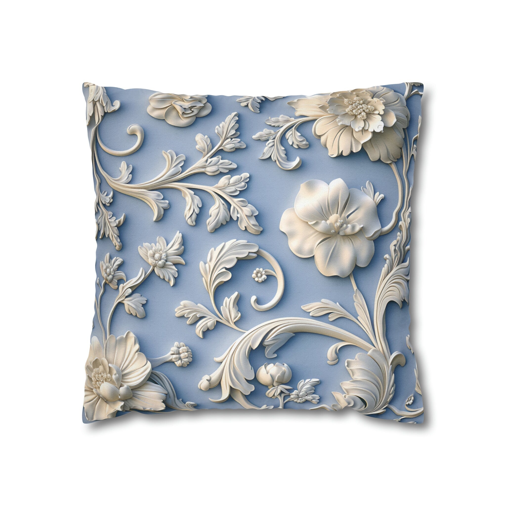 Elegant Chinoiserie Floral Pillow Cover: Soft White & Grey on Powder Blue, Timeless Asian-Inspired Decor