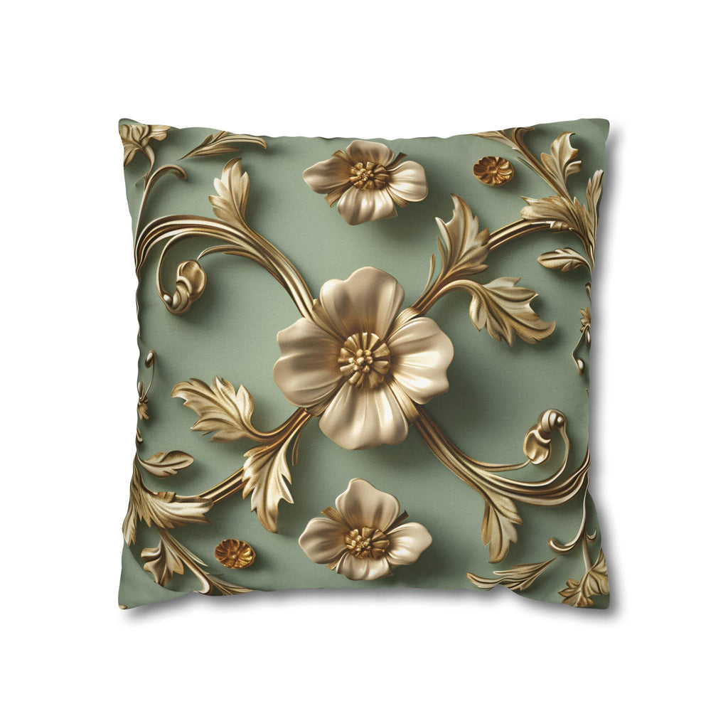 Vintage Style Floral Pillow Cover: Taupe Gold 3D Design on Sage Green