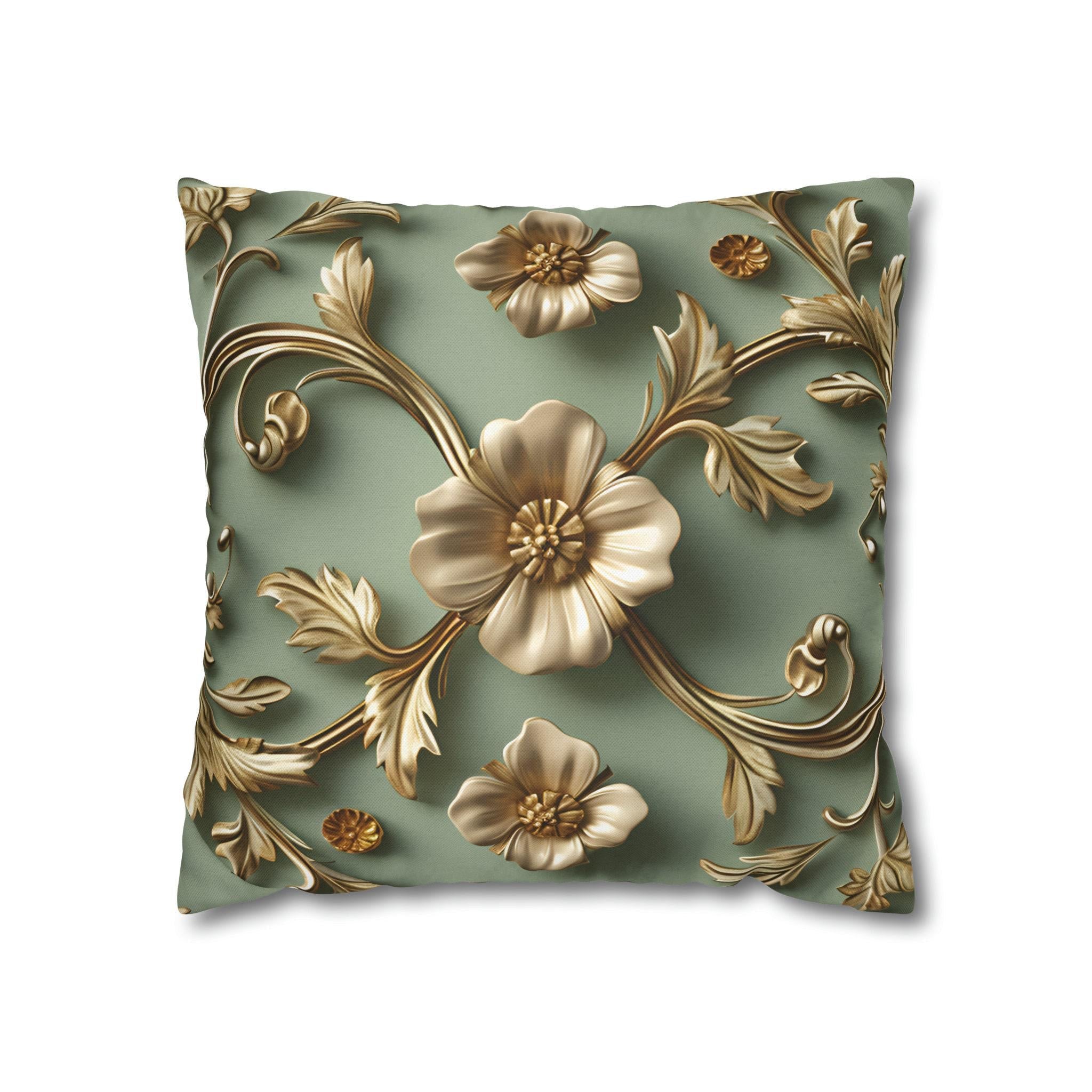 Vintage Style Floral Pillow Cover: Taupe Gold 3D Design on Sage Green