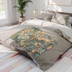 Luxurious William Morris Dragonfly Fleece Throw: Blue & Gold Wings, Pink Flowers, Elegant Nature Design