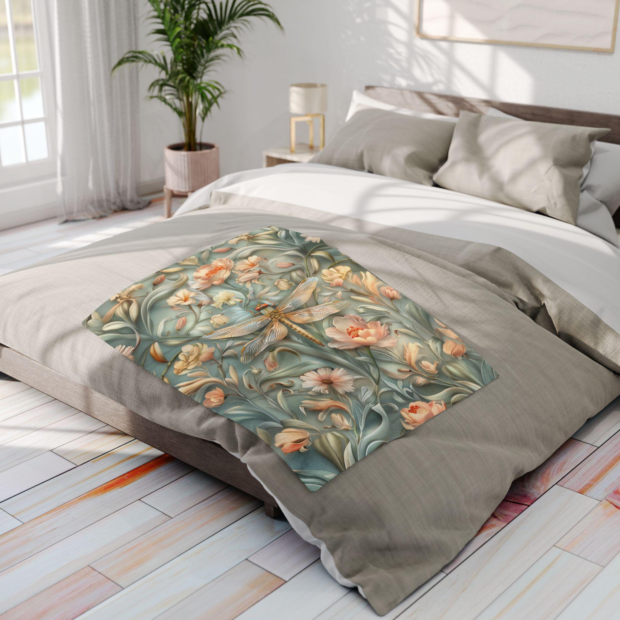 Luxurious William Morris Dragonfly Fleece Throw: Blue & Gold Wings, Pink Flowers, Elegant Nature Design