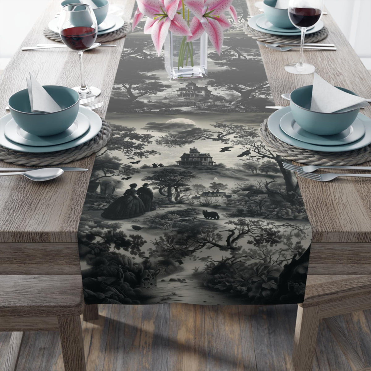 Halloween Toile Table Runner: Haunted House, Crows, and Black Cat in Monochrome