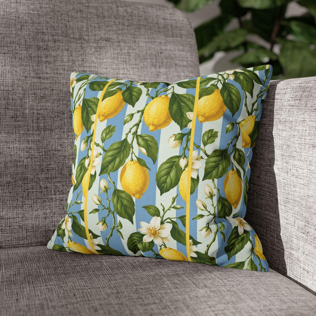 Lemon Soft Blue Stripe Pillow Cover: with Green Leaves and White Florals