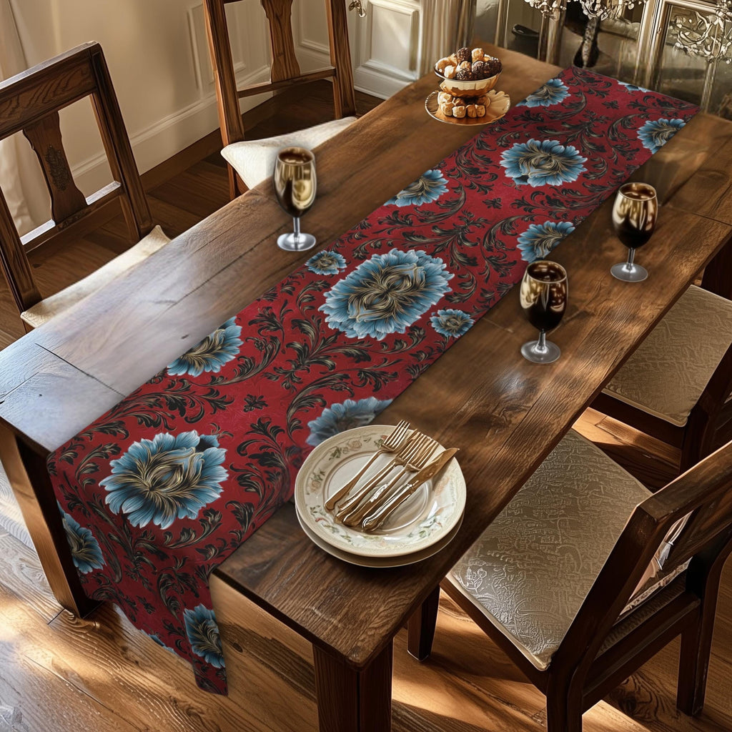 Quietly Patriotic Table Runner: Elegant Damask in Red, Cream and Blue