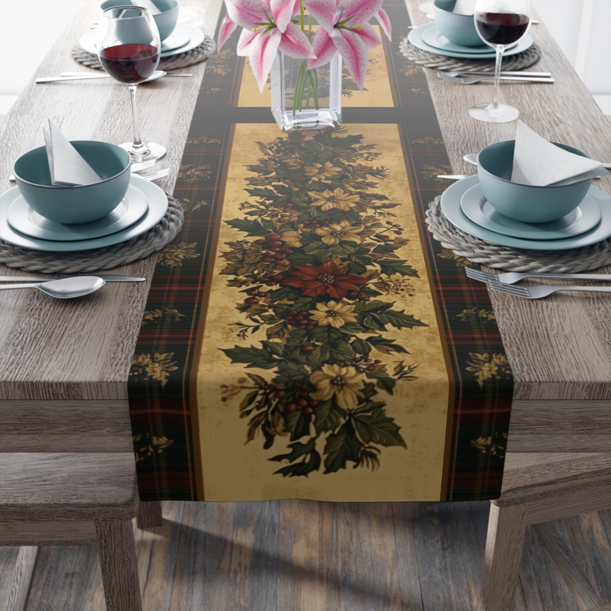 Plaid Botanical Stripes Christmas Table Runner: Vintage Style with Poinsettias and Holly