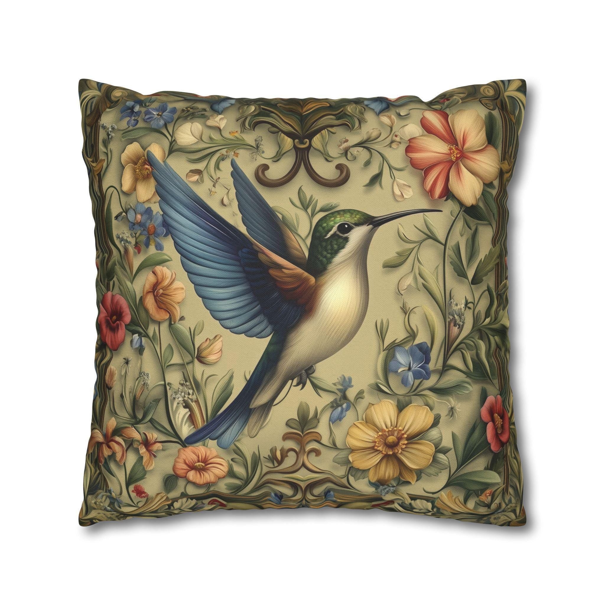 William Morris Inspired Hummingbird Garden Pillow Cover: Vintage Floral Aviary Cushion for Home Decor