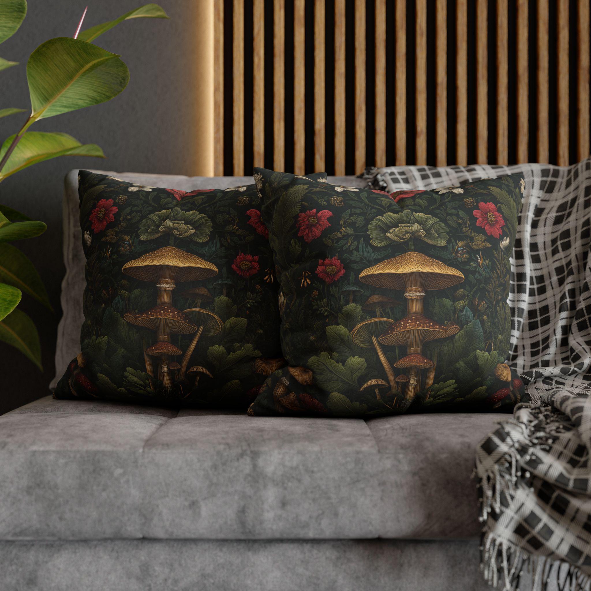 William Morris-Inspired Mushroom Pillow Cover: Dark Forest Botanical Cushion for Cottagecore Decor