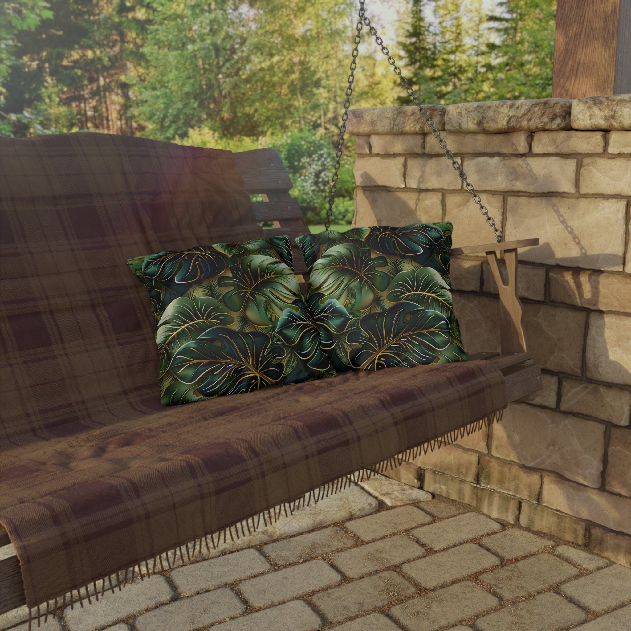 Vibrant Tropical Monstera Outdoor Pillow: UV-Resistant Jungle Design for Patio & Pool Decor