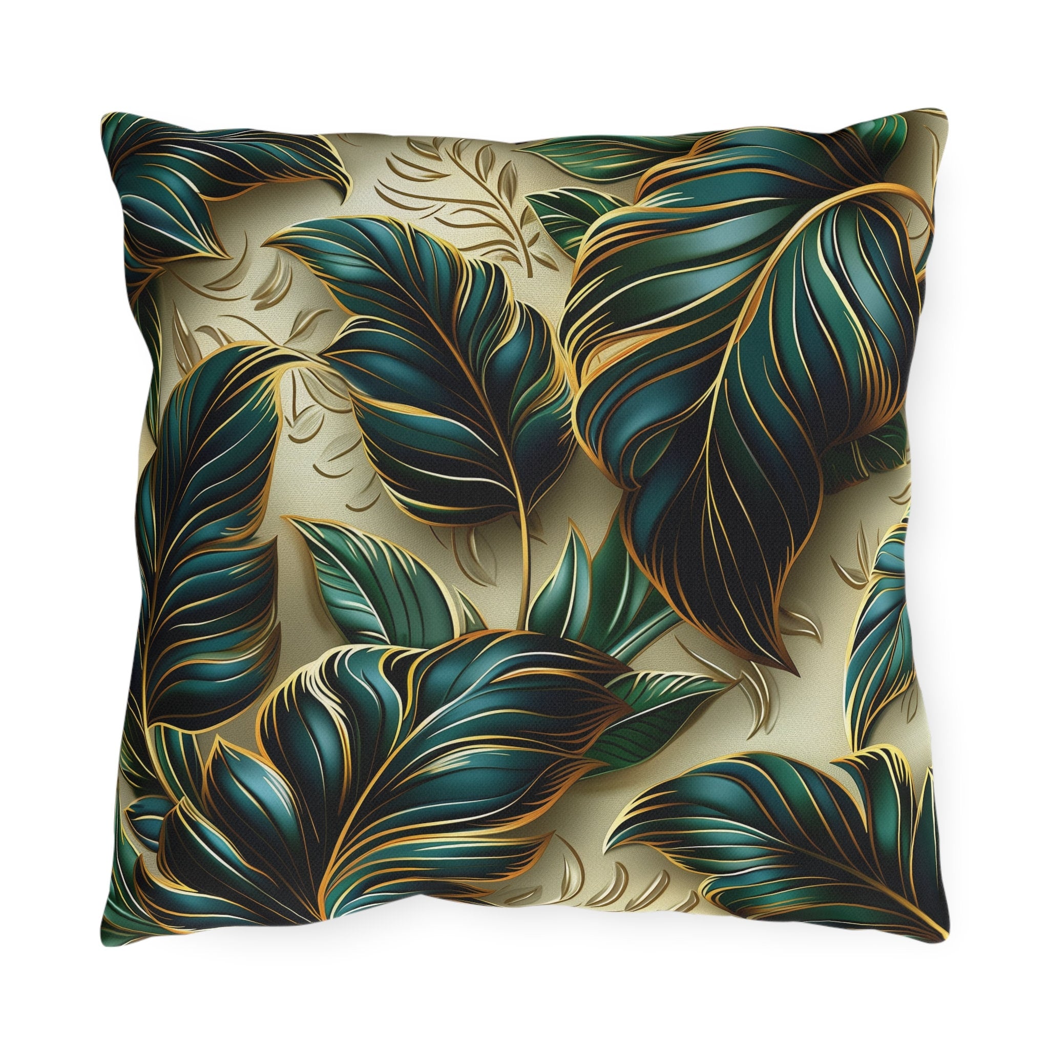 Elegant Monstera Leaf Outdoor Pillow: Tropical Chic, Beige and Green