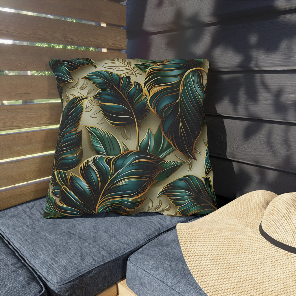 Elegant Monstera Leaf Outdoor Pillow: Tropical Chic, Beige and Green
