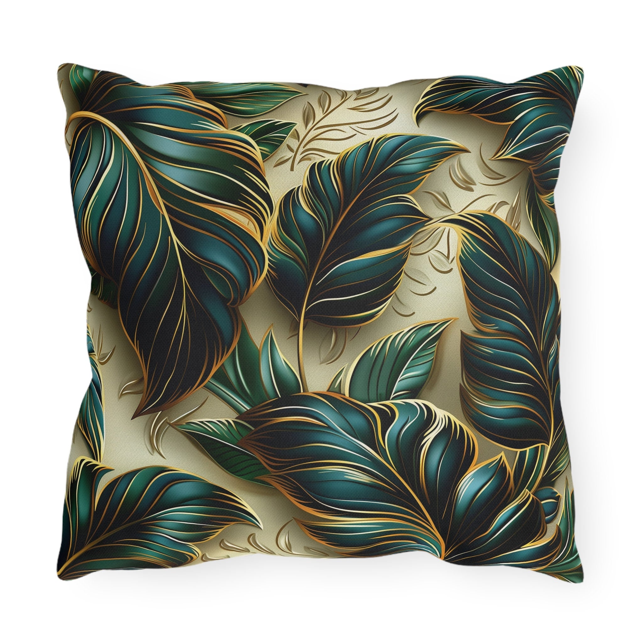 Elegant Monstera Leaf Outdoor Pillow: Tropical Chic, Beige and Green