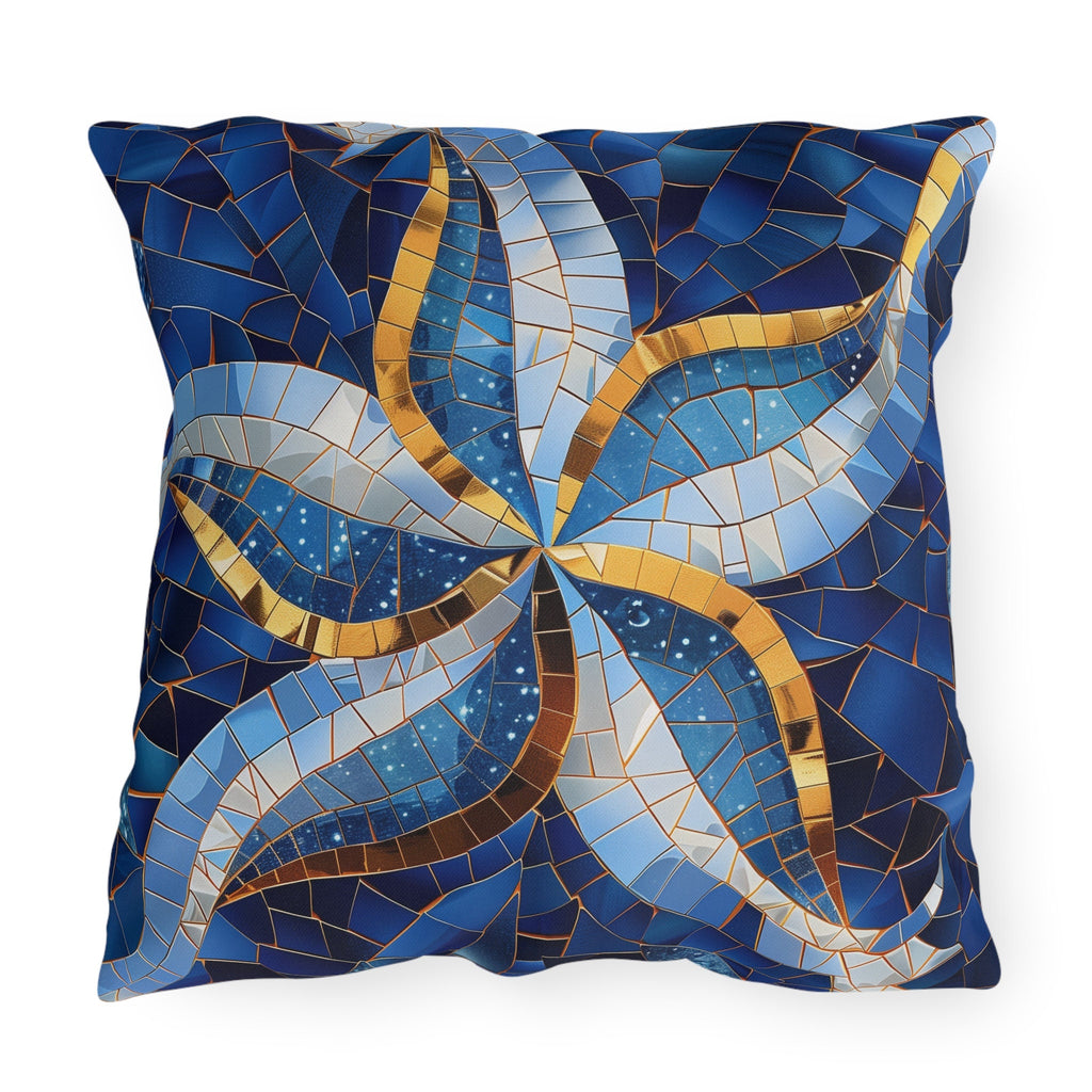 Cobalt Blue Starfish Mosaic Outdoor Pillow - Nautical Patio Cushion, Water-Resistant Beach Decor