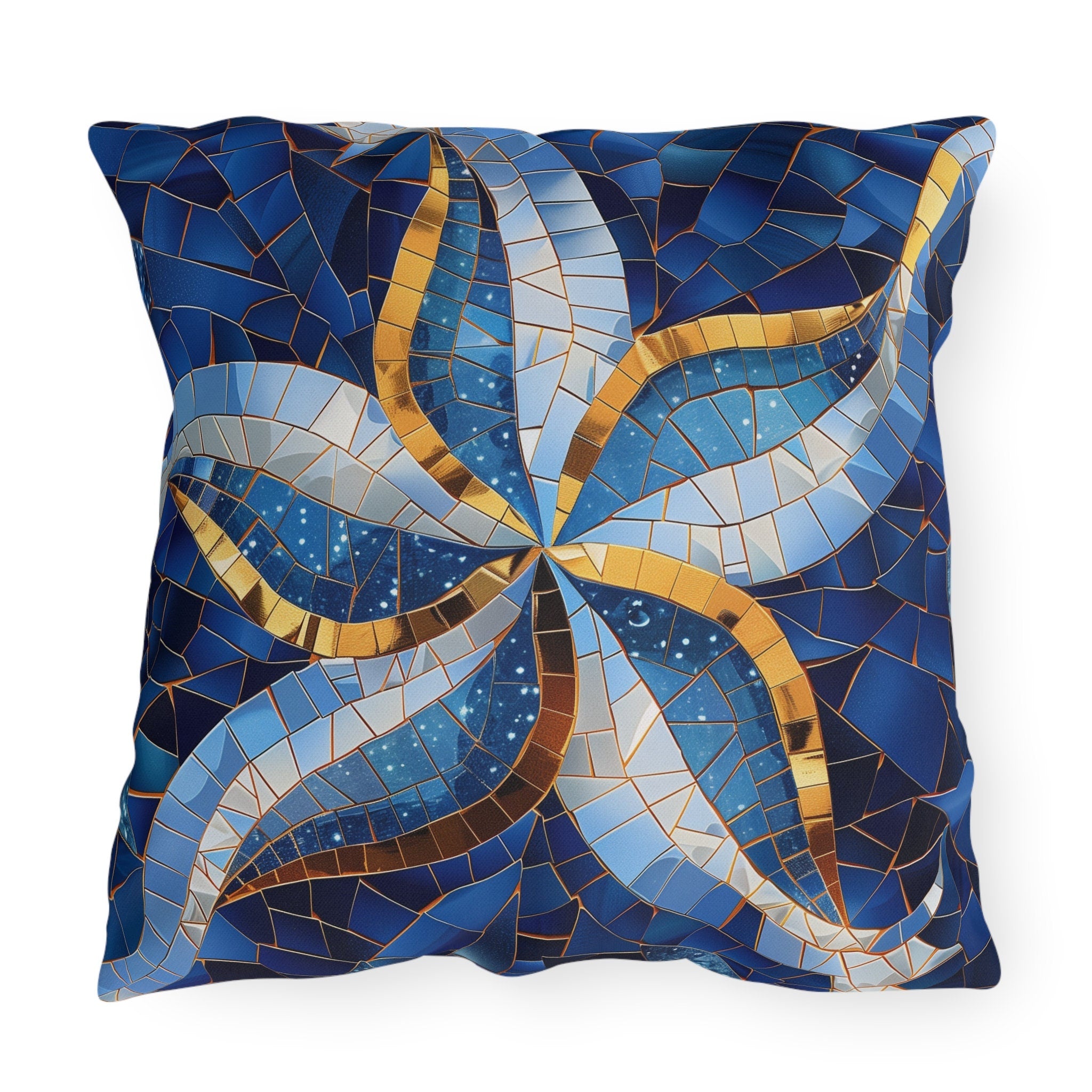 Cobalt Blue Starfish Mosaic Outdoor Pillow - Nautical Patio Cushion, Water-Resistant Beach Decor