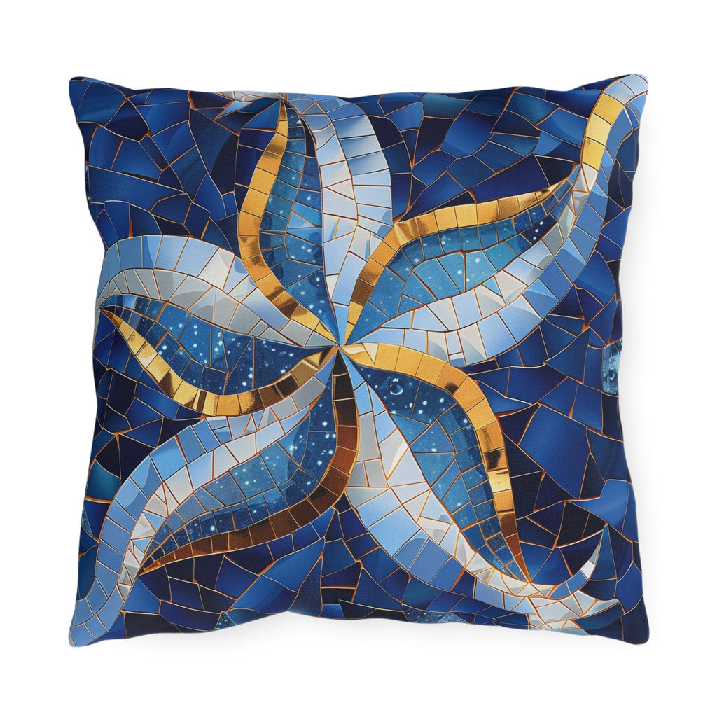 Cobalt Blue Starfish Mosaic Outdoor Pillow - Nautical Patio Cushion, Water-Resistant Beach Decor