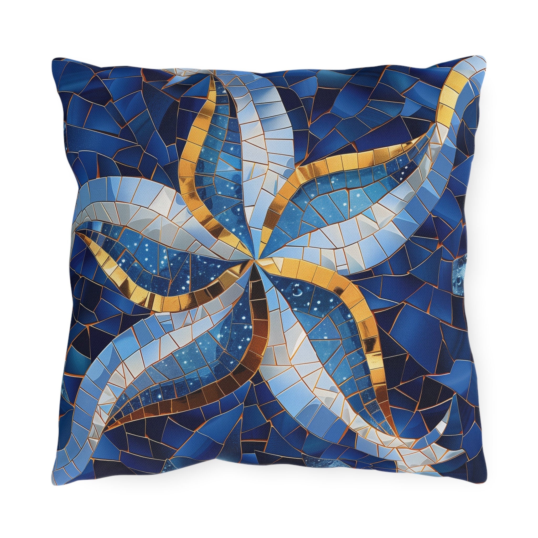 Cobalt Blue Starfish Mosaic Outdoor Pillow - Nautical Patio Cushion, Water-Resistant Beach Decor